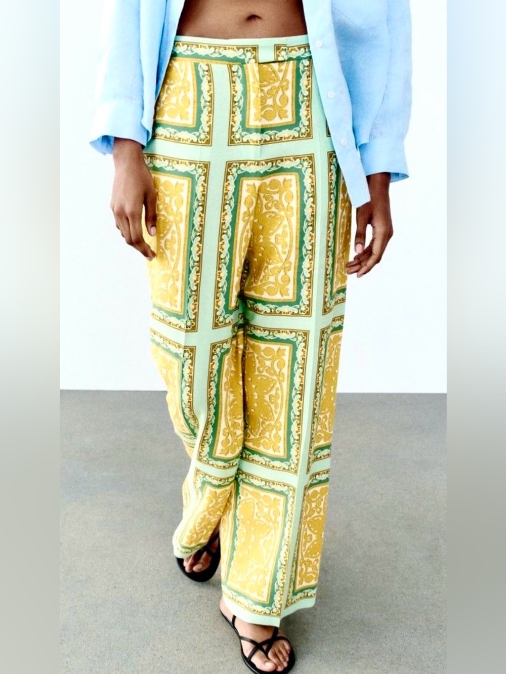 New Zara Baroque Linen Yellow Green & Mint Turquoise Wide Leg Pants S small